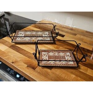 Set Of 2 Temptations By Tara Old World Brown Glass Trivets In Metal Holders